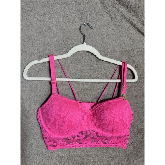 Victoria Secret PINK Bralette Bra L Neon Pink Lace Push Up Long Line Underwire - Picture 1 of 3